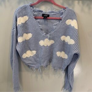 Just Polly New York Cloud Print Destructed Sweater Blue Casual Size Medium
